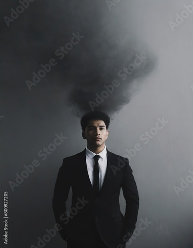 Man in black suit vanishing in a dark black smoke from head, surreal emotional concept