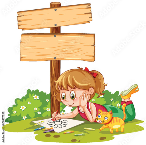 Young girl sketches beside a wooden sign and cat.