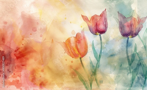watercolor painting of tulips on a cream background #800927489