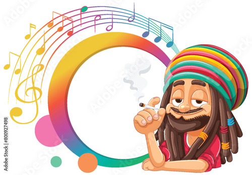 Cartoon of a reggae musician playing music happily.