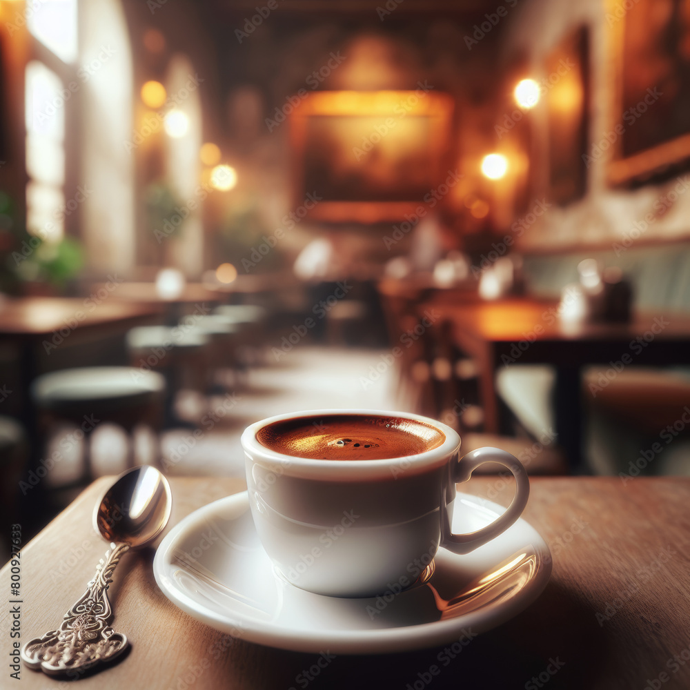 Turkish coffee in a delicate white cup, set against a softly blurred cafe interior.. AI generated. Turkish coffee in a delicate white cup, set against a softly blurred cafe interior.. AI generated.