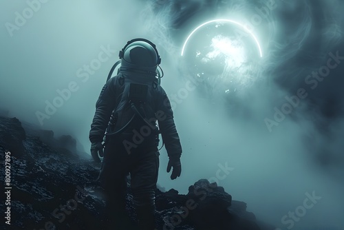Astronaut Exploring the Surface of a Distant Mysterious Planet in Moody Atmospheric Expressionist