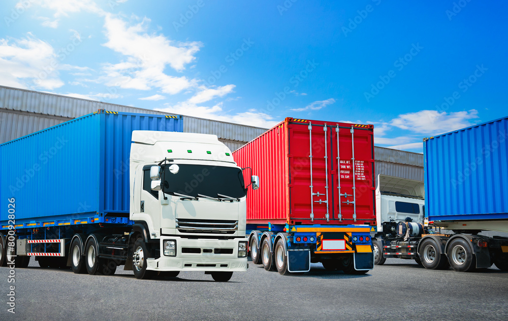 Semi Trailer Trucks on The Parking Lot at Warehouse. Container Shipping Tractor Truck. Trucking. Lorry Diesel Trucks. Freight Truck Logistics Cargo Transport.	
