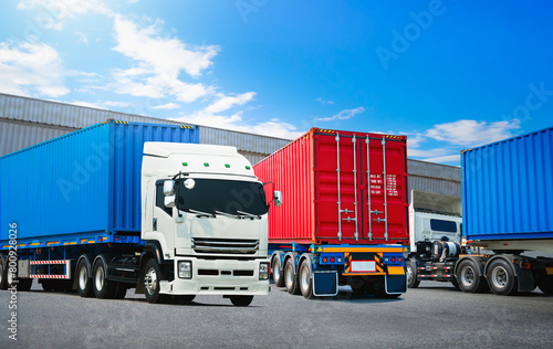 Semi Trailer Trucks on The Parking Lot at Warehouse. Container Shipping Tractor Truck. Trucking. Lorry Diesel Trucks. Freight Truck Logistics Cargo Transport. 