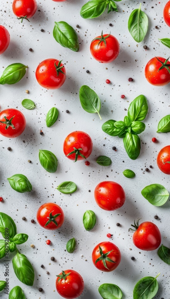 Fresh mediterranean tomatoes and basil leaves on white table for vibrant visual contrast Fresh mediterranean tomatoes and basil leaves on white table for vibrant visual contrast