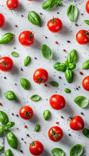 Fresh mediterranean tomatoes and basil leaves on white table for vibrant visual contrast