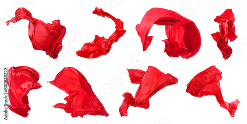 Set of flying red fabric on white background