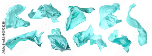 Set of flying turquoise fabric on white background