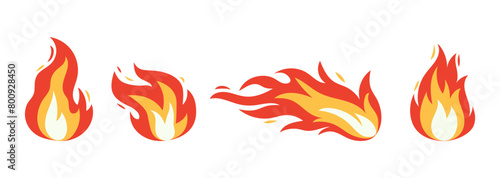 Vector bright burn flame icon set isolated on white background. Hot fire flat clipart sings collection. Burning fireball signs
