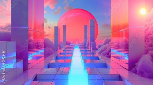 A fusion of retro wave and geometric motifs creating a harmonious balance of symmetry and vibrancy in a digital realm.