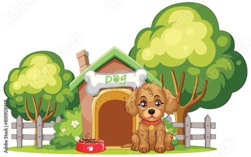 Adorable puppy sitting by its house in a garden.