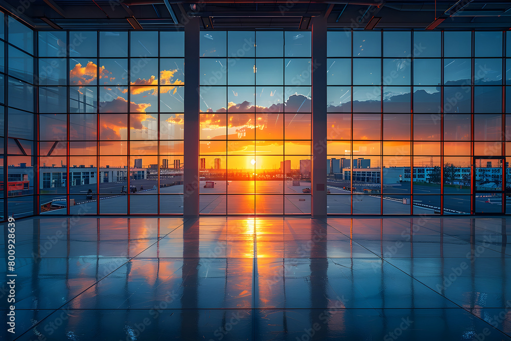 Office Building with Large Windows and Spacious Interior at Sunset Office Building with Large Windows and Spacious Interior at Sunset