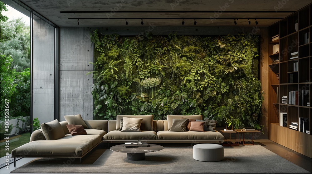 View of green living wall in the interior of an office, in a modern style with ...