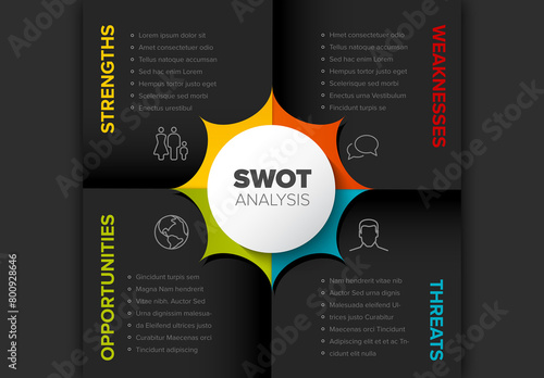 Dark gray paper squares with color borders SWOT diagram schema template