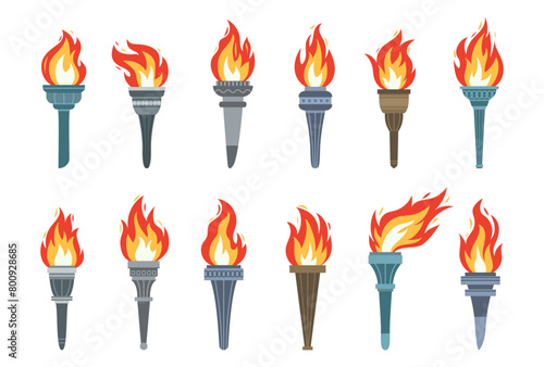 Vector burning flame torches set icons isolated on white background. Sport flat style games victory symbols collections. Winner abstract sign.