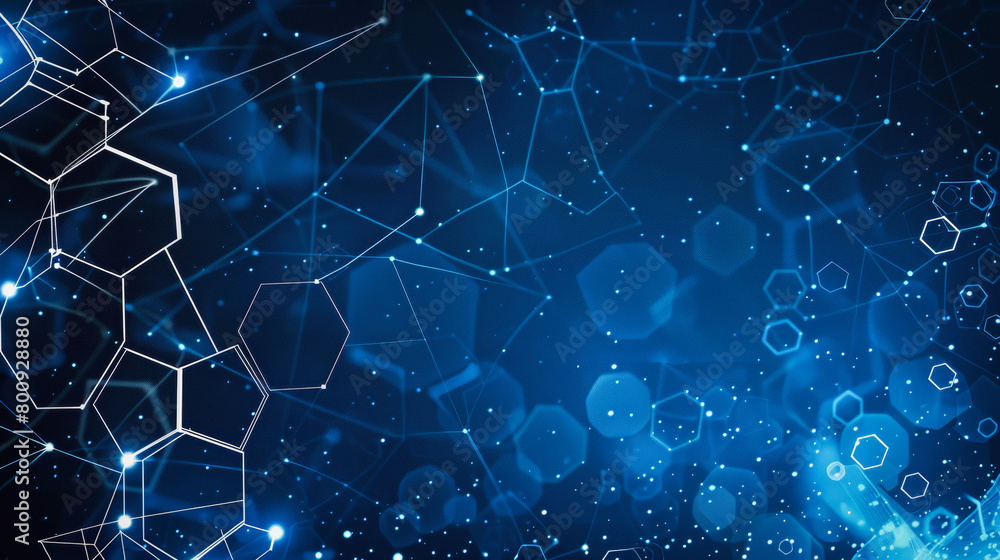 A blue abstract technology background with white hexagon and circuit lines A blue abstract technology background with white hexagon and circuit lines