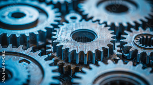 Closeup of gears and cogs of machines in motion, engineering concept