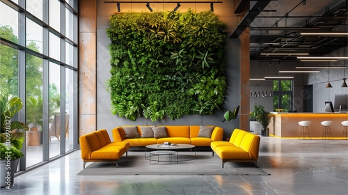 A modern office space with high ceilings and large windows, featuring an impressive living wall made of lush green plants,Generative AI illustration. photo
