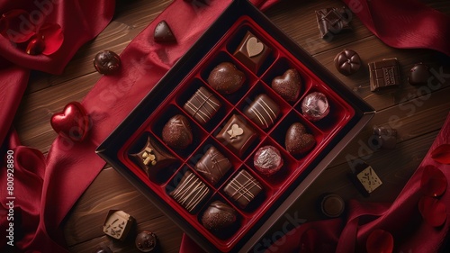 Luxurious box of assorted chocolates. World Chocolate Day concept. Sweet chocolates perfect for valentines day background.
