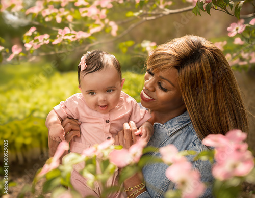 Beautiful African American mother showing blooming dogwood flowers to her baby girls in park in spring