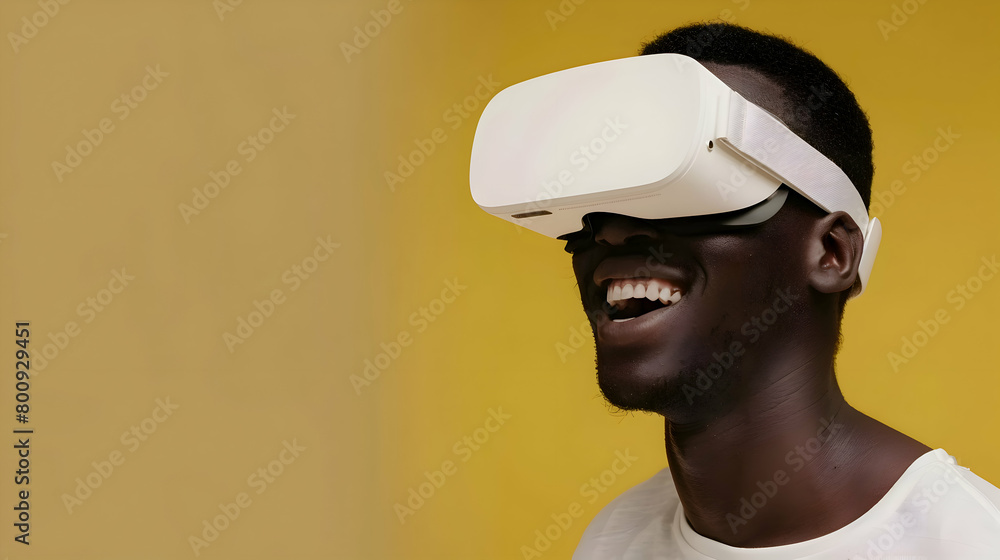 Man wearing virtual reality (VR) goggles. Yellow background. Copy space. Man wearing virtual reality (VR) goggles. Yellow background. Copy space.