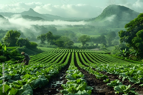 Lush Green Countryside Field with Farmer Tending to the Land in Misty Morning Light