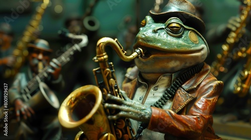 a frig playing a tiny saxophone