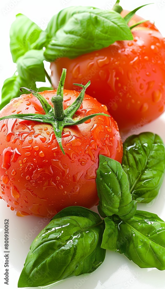 Vibrant organic tomatoes and aromatic basil set for mediterranean salad, evoking freshness Vibrant organic tomatoes and aromatic basil set for mediterranean salad, evoking freshness