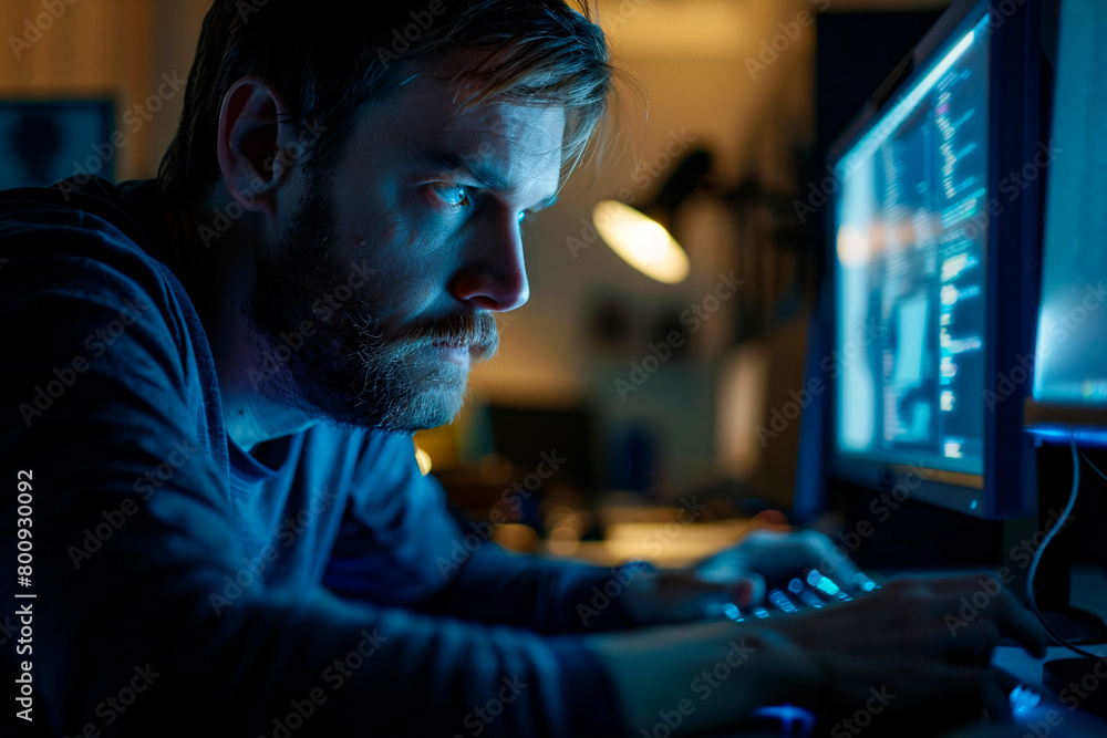 Capturing a focused individual deeply engrossed in software development on his computer during the nighttime Capturing a focused individual deeply engrossed in software development on his computer during the nighttime
