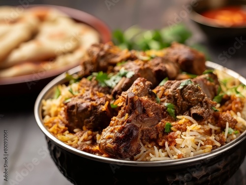 Lamb Biriyani Basmati Rice Close-Up Indian Food Dining Dinner Blurred Background Image