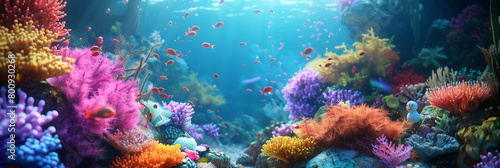 A whimsical underwater world inhabited by 3D snowmen swimming among colorful coral reefs, fantasy CGI rendering. Ai generated © Kiron