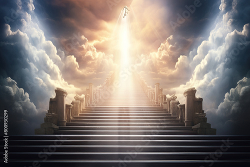 stairs in the clouds leading to God, light at the end of the stairs #800930299