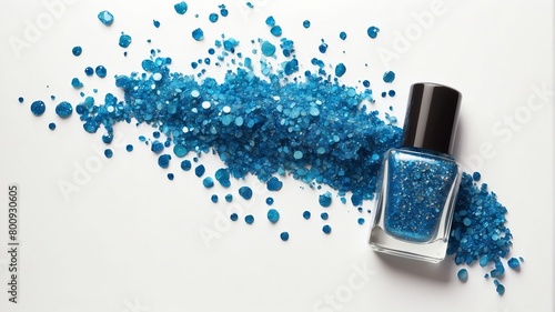 splash of blue glittery nail polish on plain white background from Generative AI photo