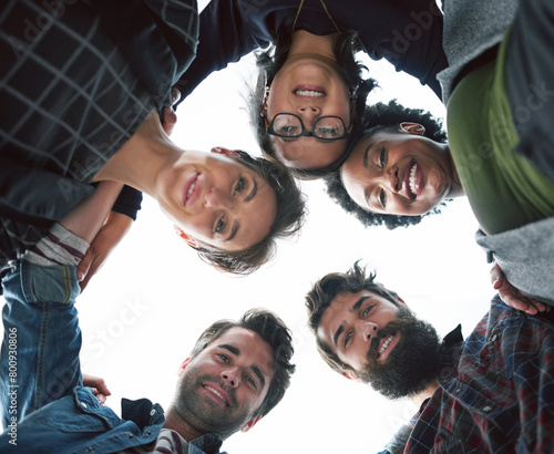 Business people  community or team huddle in portrait for solidarity  diversity and collaboration. Creative workers  together and smile in circle for support  cooperation and workplace diversity