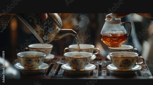 A captivating image of a tea master skillfully pouring tea into delicate cups  with precision and grace  demonstrating the artistry and expertise of tea preparation on International Tea Day.