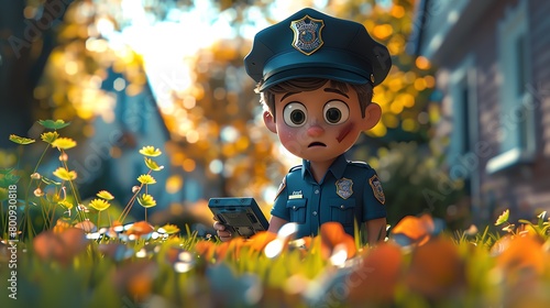 A 3D cartoon police officer using a futuristic forensic kit at a crime scene in a park photo