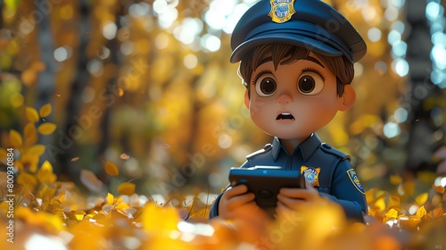 A 3D cartoon police officer using a futuristic forensic kit at a crime scene in a park photo