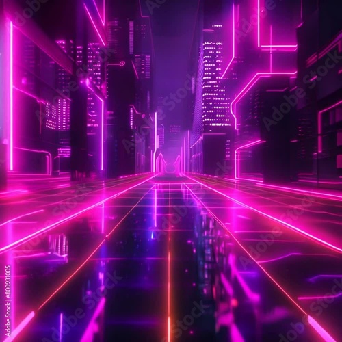 A digital painting of a cyberpunk city street with neon lights and skyscrapers. photo