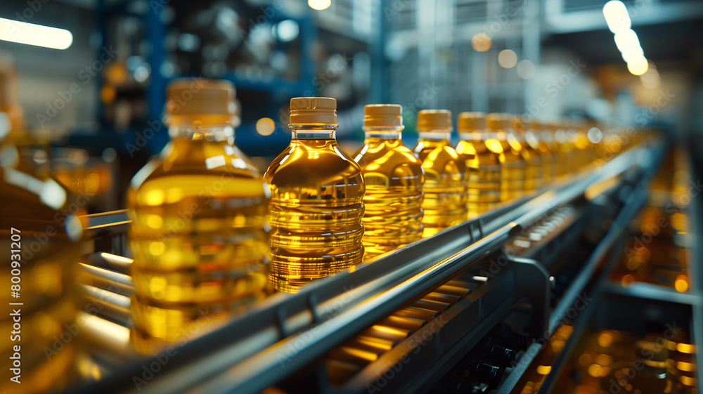 Close up view of industrial vegetable oil production and bottles filled with sunflower oil being transporter on automated conveyor machine Close up view of industrial vegetable oil production and bottles filled with sunflower oil being transporter on automated conveyor machine