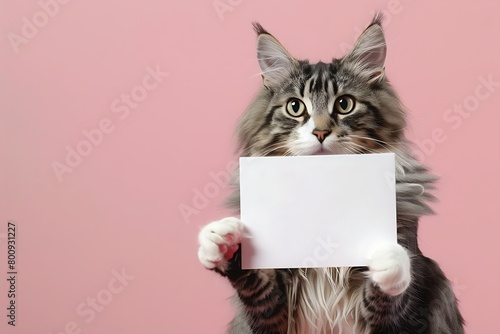a long-haired, gray and white tabby cat standing on its hind legs against a soft pink background.