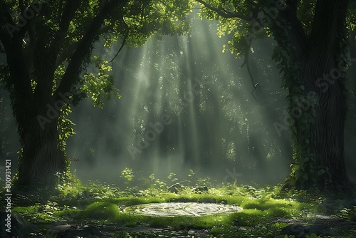 an enchanting mystical forest with a dense canopy of trees. In the center  a magical circle of light with intricate patterns illuminates the ground