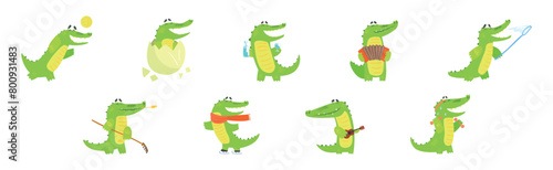 Cute Green Crocodile Animal Engaged in Different Activity Vector Set