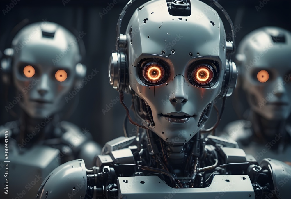 Creepy metallic female cyborgs with glowing orange eyes. Cybernetic robot technologies of future, concept Creepy metallic female cyborgs with glowing orange eyes. Cybernetic robot technologies of future, concept