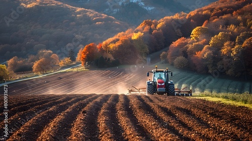 Serene Autumn Farmscape with Tractor Plowing Through Golden Fields photo