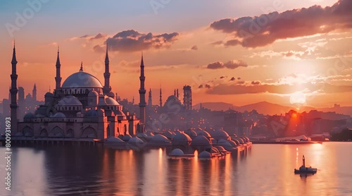 Sunset in Istanbul Turkey with Suleymaniye Mosque photo