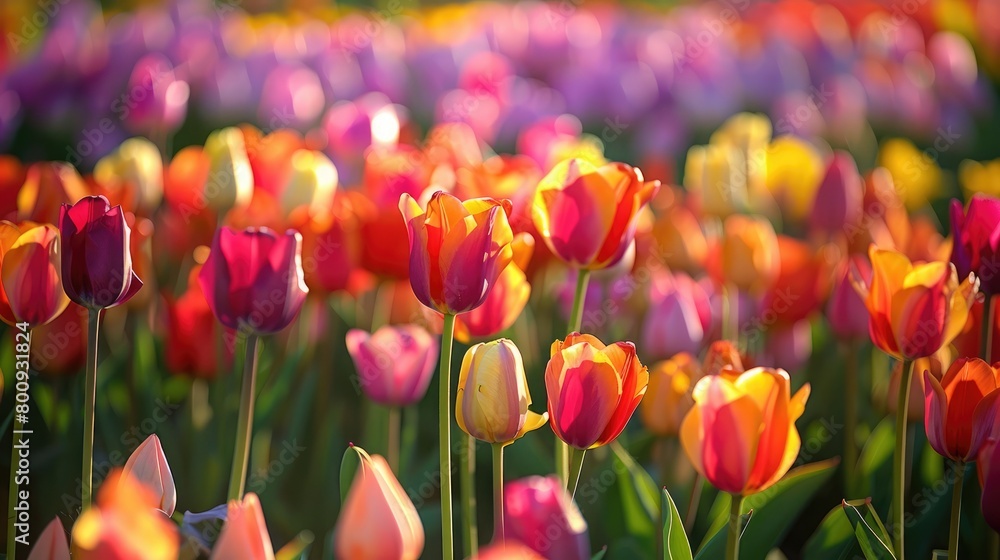 A field of tulips in full bloom, creating a sea of vibrant colors under the spring sun.