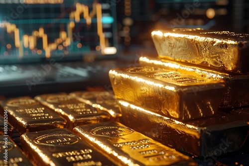 realistic gold bars stacked on top of each other with a backdrop of a financial graph showing stock market trends