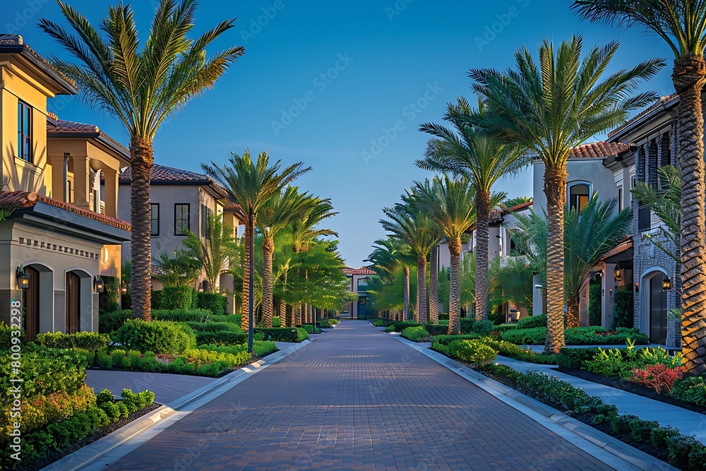 a modern, luxurious residential street lined with symmetrical rows of palm trees and contemporary two-story houses
