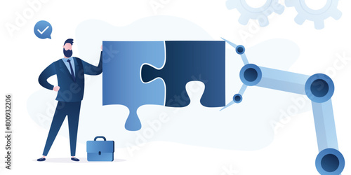 Robot and businessman holds puzzle. Artificial intelligence assistance, robotic automation and machine learning. Partnership with AI. Collaboration between human and machine