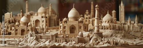 Intricately detailed clay sculptures depicting famous landmarks and monuments from around the world. Ai generated